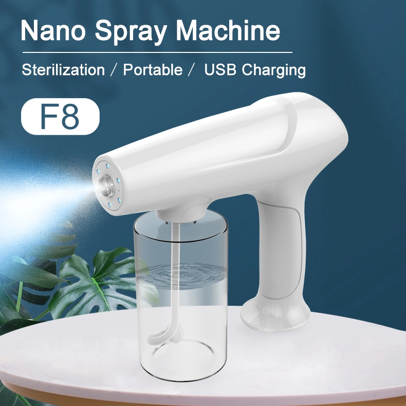 340ml Small 1800mAh Disinfection Strong Blue Light Anti Clogging Long Nozzle Cordless Nano Mist Spray Gun Sprayer F8